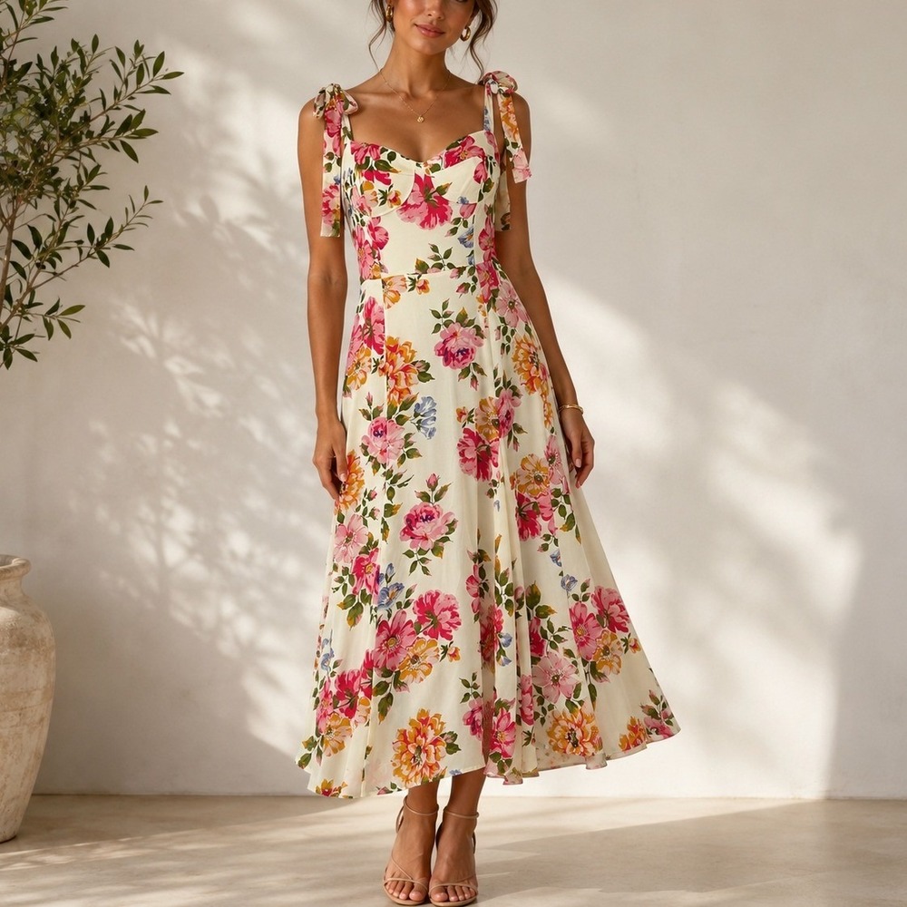 Reformation Nadira Midi‎ Dress 4 White Pink Floral Tie Shoulder Cottagecore Boho